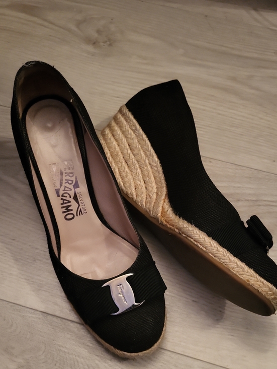 Salvatore Ferragamo Shoes - Salvatore Ferragamo Black Espadrille Wedges with Signature Bow 7.5